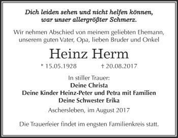 Traueranzeige von Heinz Herm von Super Sonntag Aschersleben