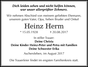 Traueranzeige von Heinz Herm von Mitteldeutsche Zeitung Aschersleben