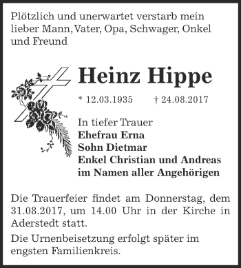 Traueranzeige von Heinz Hippe von Super Sonntag Bernburg