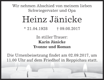 Traueranzeige von Heinz Jänicke von WVG - Wochenspiegel Dessau / Köthen