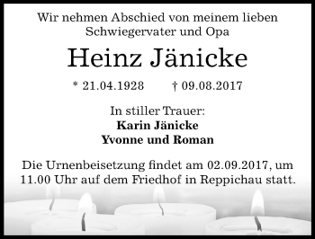 Traueranzeige von Heinz Jänicke von Mitteldeutsche Zeitung Köthen