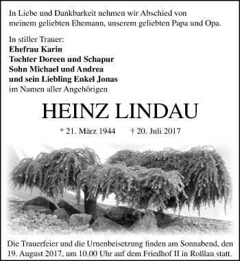 Traueranzeige von Heinz Lindau von Mitteldeutsche Zeitung Dessau-Roßlau