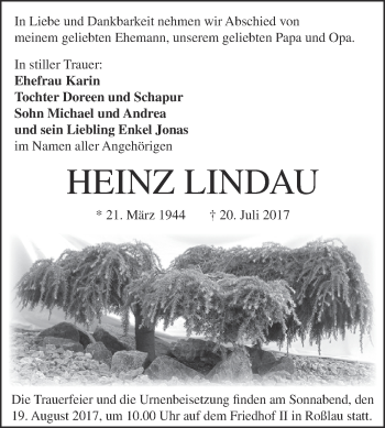 Traueranzeige von Heinz Lindau von Super Sonntag Dessau / Köthen