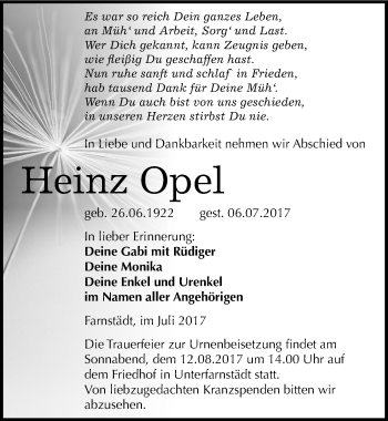 Traueranzeige von Heinz Opel von Mitteldeutsche Zeitung Merseburg/Querfurt