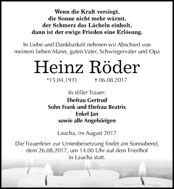 Traueranzeige von Heinz Röder von Mitteldeutsche Zeitung Naumburg/Nebra