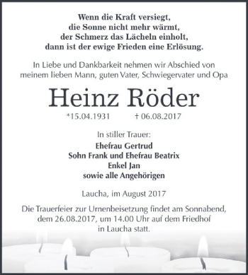 Traueranzeige von Heinz Röder von WVG - Wochenspiegel NMB / WSF / ZTZ