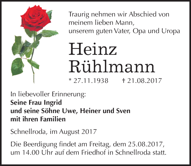  Traueranzeige für Heinz Rühlmann vom 23.08.2017 aus Mitteldeutsche Zeitung Merseburg/Querfurt