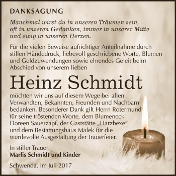 Traueranzeige von Heinz Schmidt von WVG - Wochenspiegel SGH