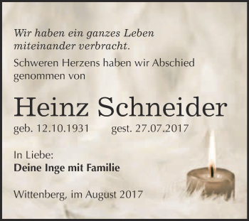 Traueranzeige von Heinz Schneider von WVG - Wochenspiegel Wittenberg