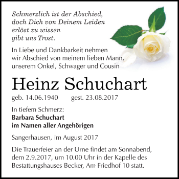 Traueranzeige von Heinz Schuchart von WVG - Wochenspiegel SGH