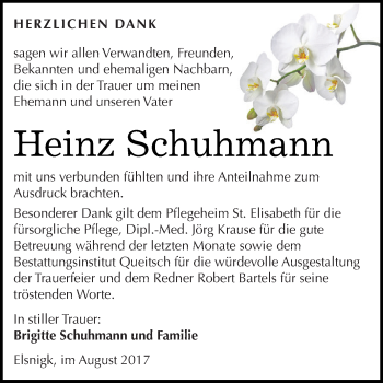 Traueranzeige von Heinz Schuhmann von WVG - Wochenspiegel Dessau / Köthen