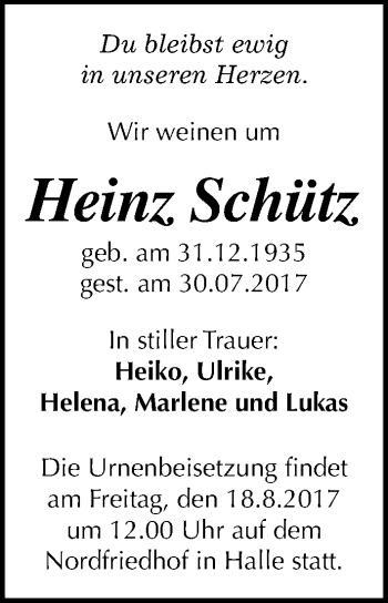 Traueranzeige von Heinz Schütz von Mitteldeutsche Zeitung Halle/Saalkreis