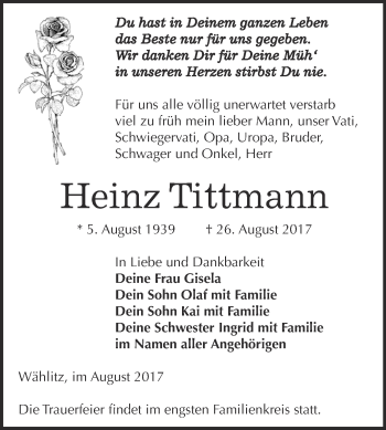 Traueranzeige von Heinz Tittmann von WVG - Wochenspiegel NMB / WSF / ZTZ