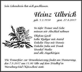 Traueranzeige von Heinz Ulbrich von Mitteldeutsche Zeitung Merseburg/Querfurt