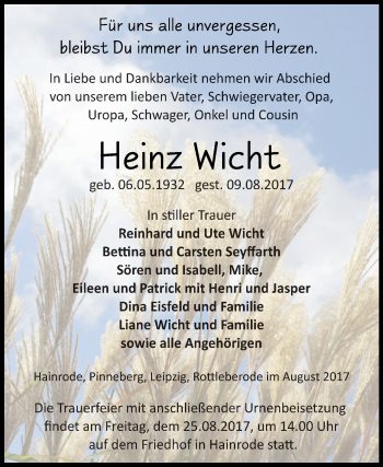 Traueranzeige von Heinz Wicht von Super Sonntag SGH Mansf. Land