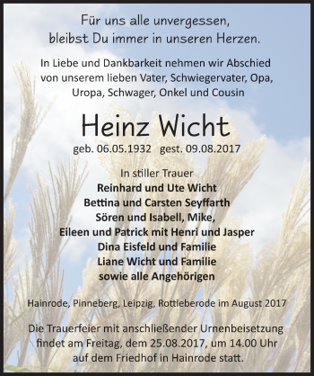 Traueranzeige von Heinz Wicht von Mitteldeutsche Zeitung Sangerhausen