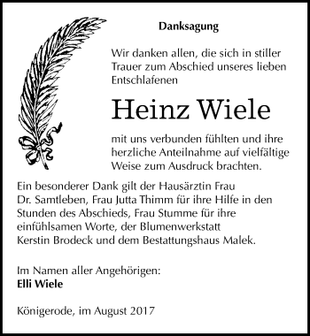 Traueranzeige von Heinz Wiele von Mitteldeutsche Zeitung Quedlinburg