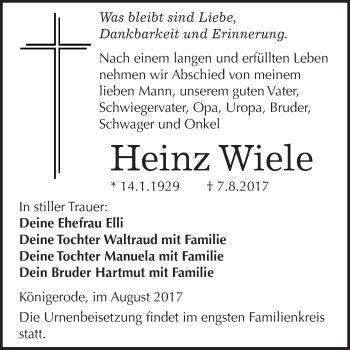 Traueranzeige von Heinz Wiele von WVG - Wochenspiegel Quedlinburg