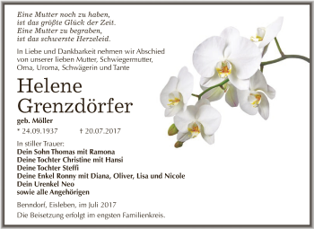 Traueranzeige von Helene Grenzdörfer von Wochenspiegel Mansfelder Land