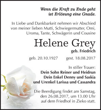 Traueranzeige von Helene Grey von Mitteldeutsche Zeitung Wittenberg