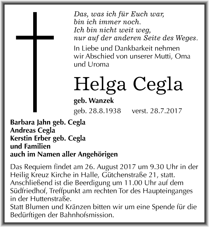  Traueranzeige für Helga Cegla vom 05.08.2017 aus Mitteldeutsche Zeitung Halle/Saalkreis