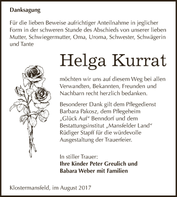 Traueranzeige von Helga Kurrat von Wochenspiegel Mansfelder Land
