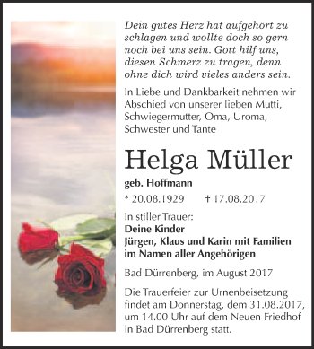 Traueranzeige von Helga Müller von Super Sonntag Merseburg