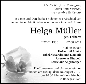 Traueranzeige von Helga Müller von Mitteldeutsche Zeitung Köthen