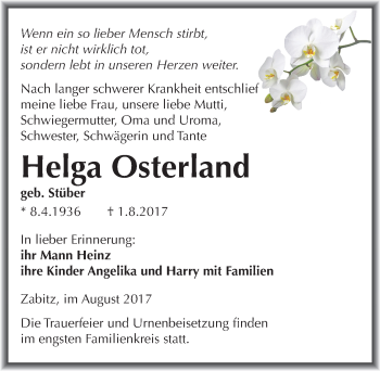 Traueranzeige von Helga Osterland von Mitteldeutsche Zeitung Mansfelder Land