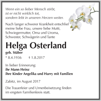 Traueranzeige von Helga Osterland von Wochenspiegel Mansfelder Land