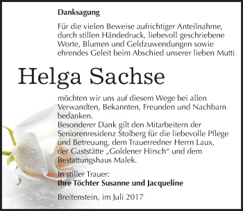 Traueranzeige von Helga Sachse von Mitteldeutsche Zeitung Sangerhausen