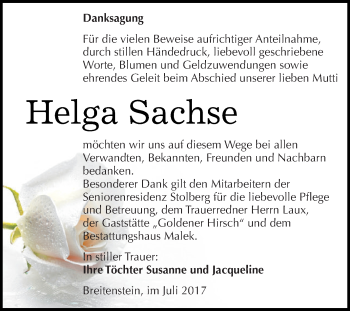 Traueranzeige von Helga Sachse von Super Sonntag SGH Mansf. Land