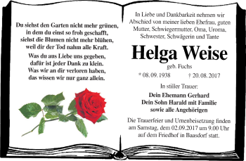 Traueranzeige von Helga Weise von WVG - Wochenspiegel Dessau / Köthen