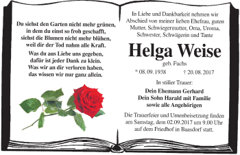 Traueranzeige von Helga Weise von Mitteldeutsche Zeitung Köthen