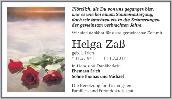 Traueranzeige von Helga Zaß von Mitteldeutsche Zeitung Halle/Saalkreis