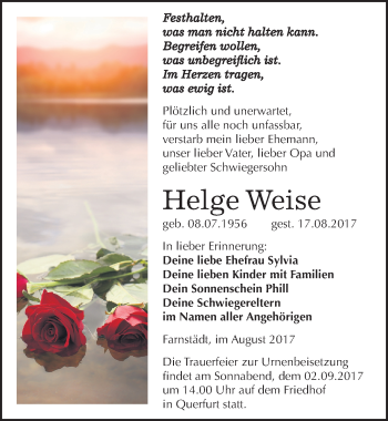 Traueranzeige von Helge Weise von Mitteldeutsche Zeitung Merseburg/Querfurt