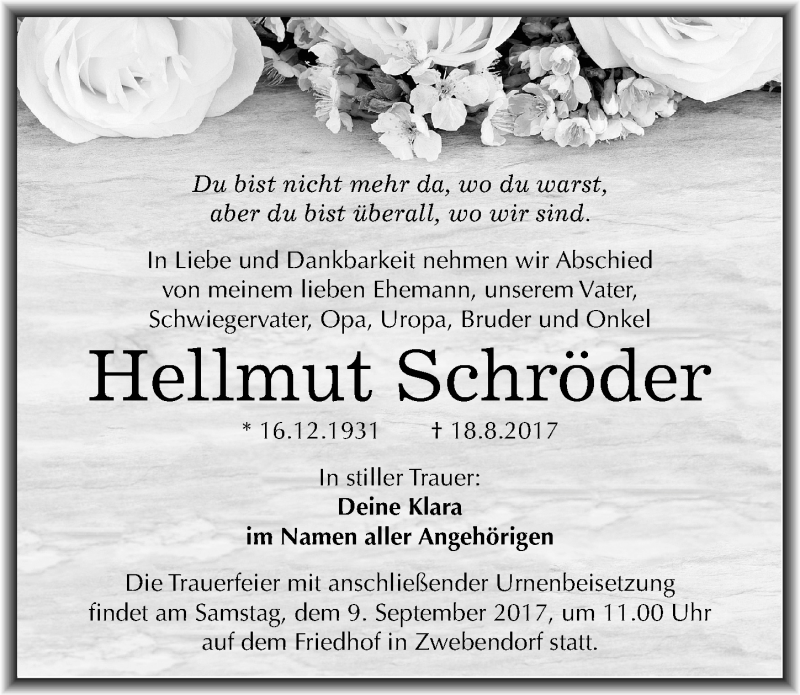  Traueranzeige für Hellmut Schröder vom 26.08.2017 aus Mitteldeutsche Zeitung Halle/Saalkreis