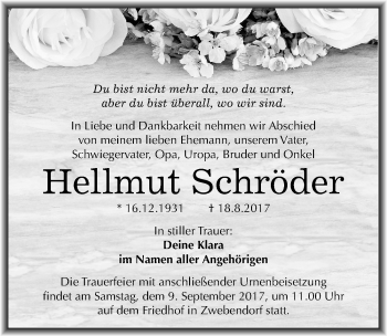 Traueranzeige von Hellmut Schröder von Mitteldeutsche Zeitung Halle/Saalkreis