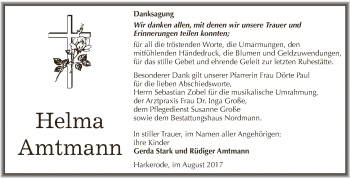 Traueranzeige von Helma Amtmann von Wochenspiegel Mansfelder Land