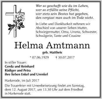 Traueranzeige von Helma Amtmann von Mitteldeutsche Zeitung Mansfelder Land