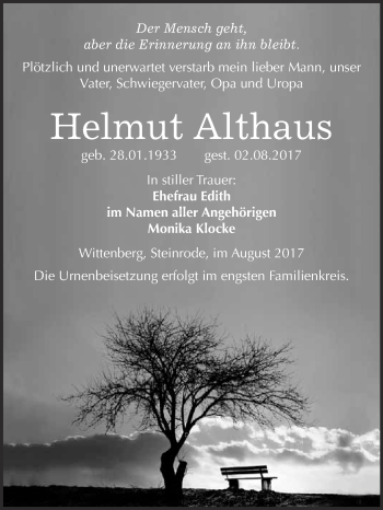 Traueranzeige von Helmut Althaus von WVG - Wochenspiegel Wittenberg