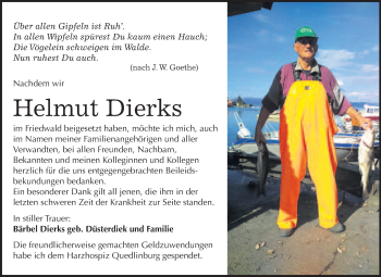 Traueranzeige von Helmut Dierks von WVG - Wochenspiegel Quedlinburg