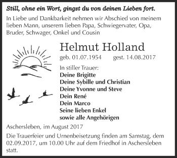 Traueranzeige von Helmut Holland von Super Sonntag Aschersleben