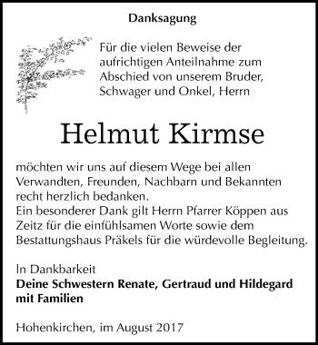 Traueranzeige von Helmut Kirmse von Mitteldeutsche Zeitung Zeitz