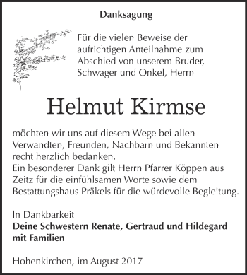 Traueranzeige von Helmut Kirmse von Super Sonntag Zeitz