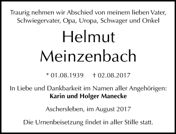 Traueranzeige von Helmut Meinzenbach von Mitteldeutsche Zeitung Aschersleben