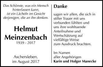 Traueranzeige von Helmut Meinzenbach von Mitteldeutsche Zeitung Aschersleben