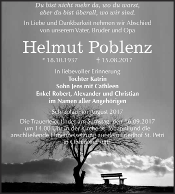 Traueranzeige von Helmut Poblenz von WVG - Wochenspiegel Merseburg