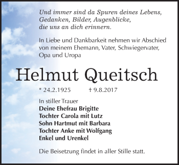 Traueranzeige von Helmut Queitsch von Mitteldeutsche Zeitung Köthen
