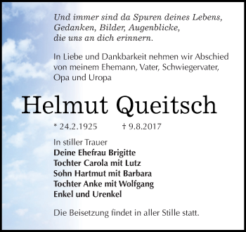 Traueranzeige von Helmut Queitsch von WVG - Wochenspiegel Dessau / Köthen